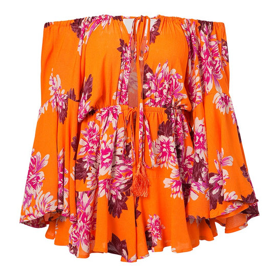 Lily Rosie Girl Off Shoulder Flare Sleeve Summer Playsuit Print Floral Boho Beach Playsuit Women Orange Short Jumpsuit Rompers